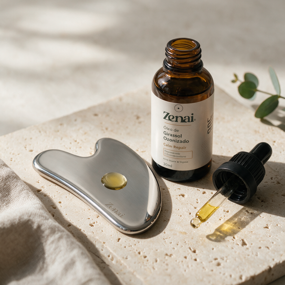 Kit Gua Sha Inox + Óleo de Girassol Ozonizado: Ritual de Massagem Facial