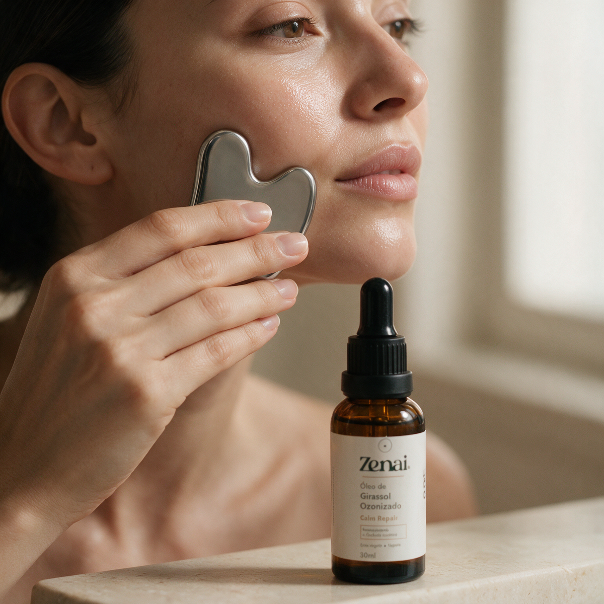 Kit Gua Sha Inox + Óleo de Girassol Ozonizado: Ritual de Massagem Facial
